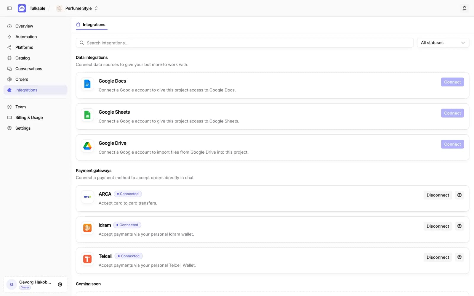 Integrations page with document and payment connections