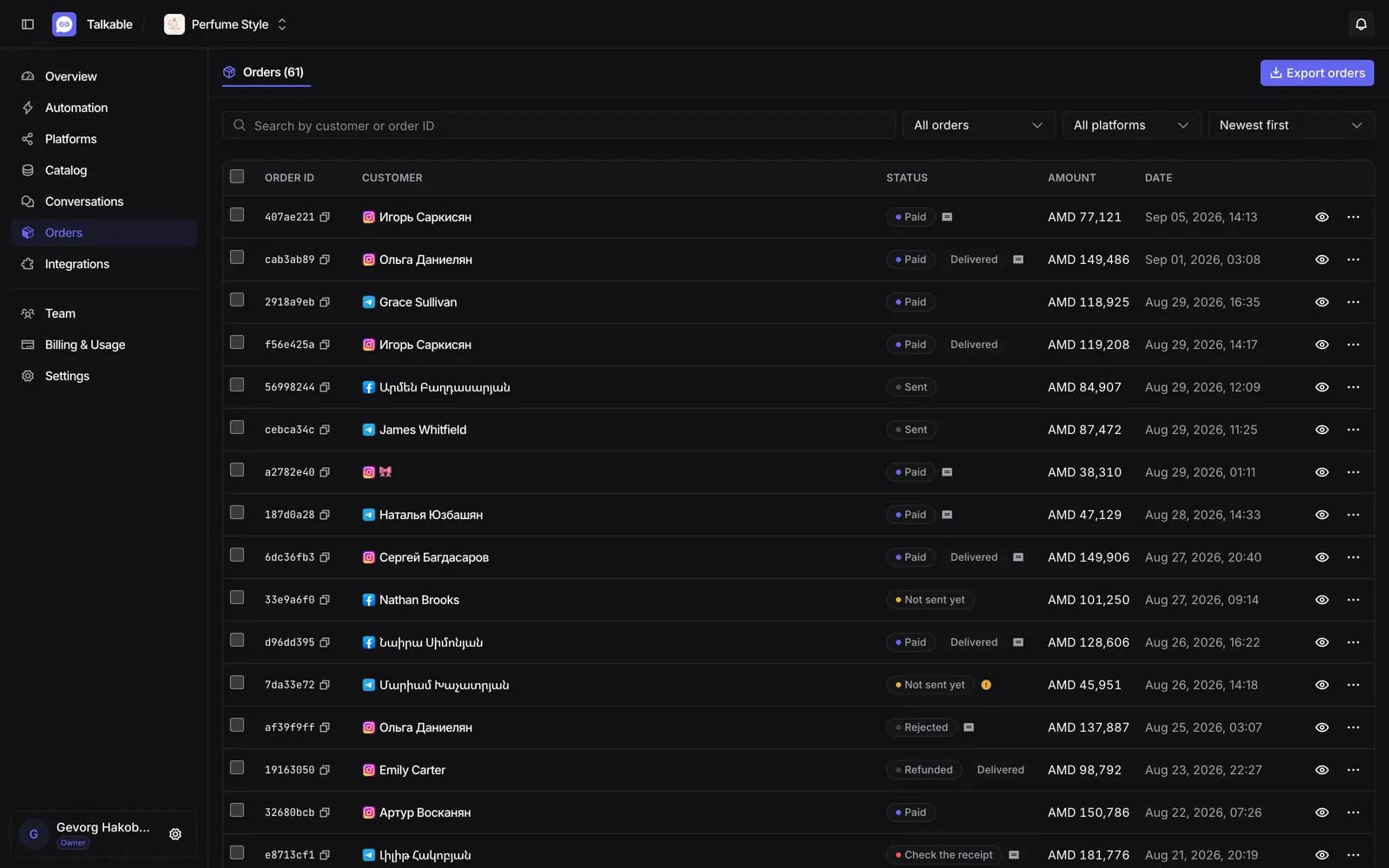 Orders table with status, amount and where each order came from