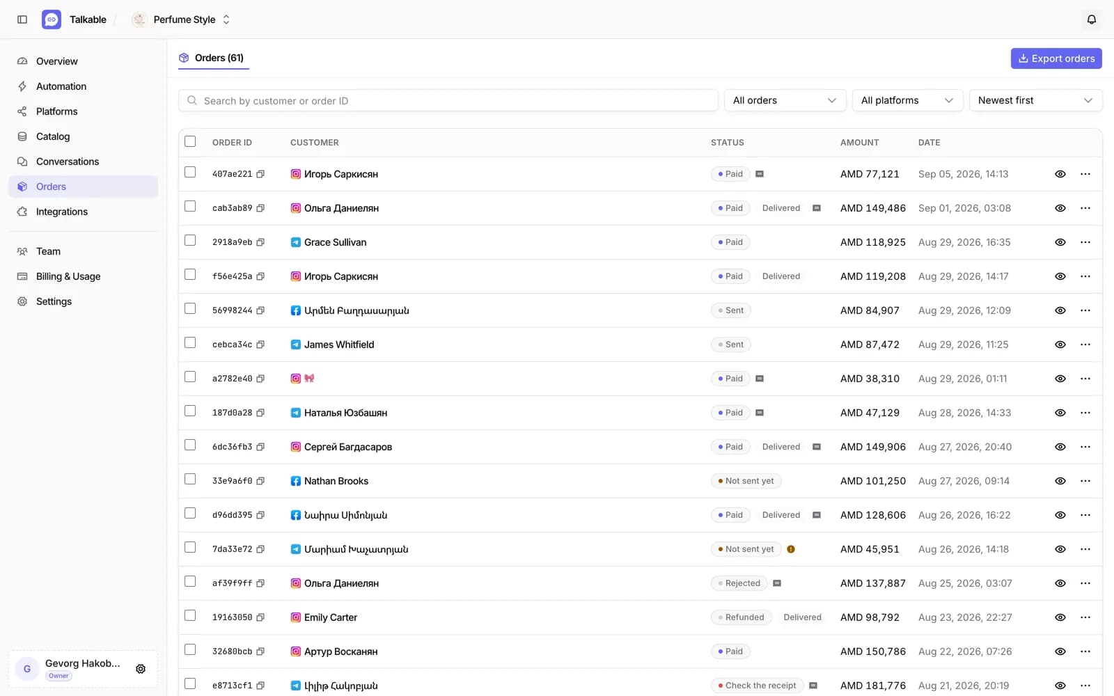 Orders table with status, amount and where each order came from